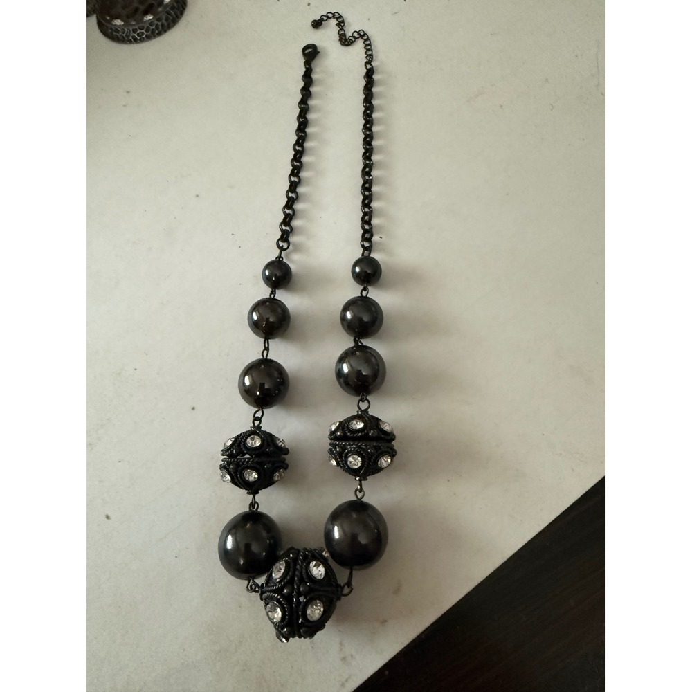 Gunmetal Grey FauxPearl Rhinestone Filigree Statement Necklace BlackChain Chunky